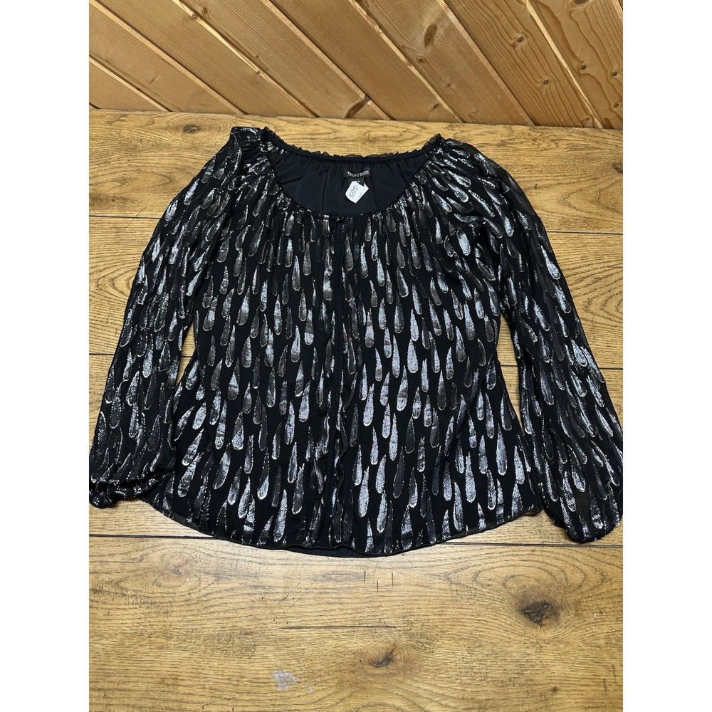 White House Black Market WHBM Silver Metallic Teardrop Black Silk Blouse | XS‎
